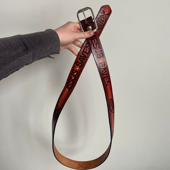 Vintage 70’s Jesus Saves Christian Fish Brown Leather Tooled Belt main image 5
